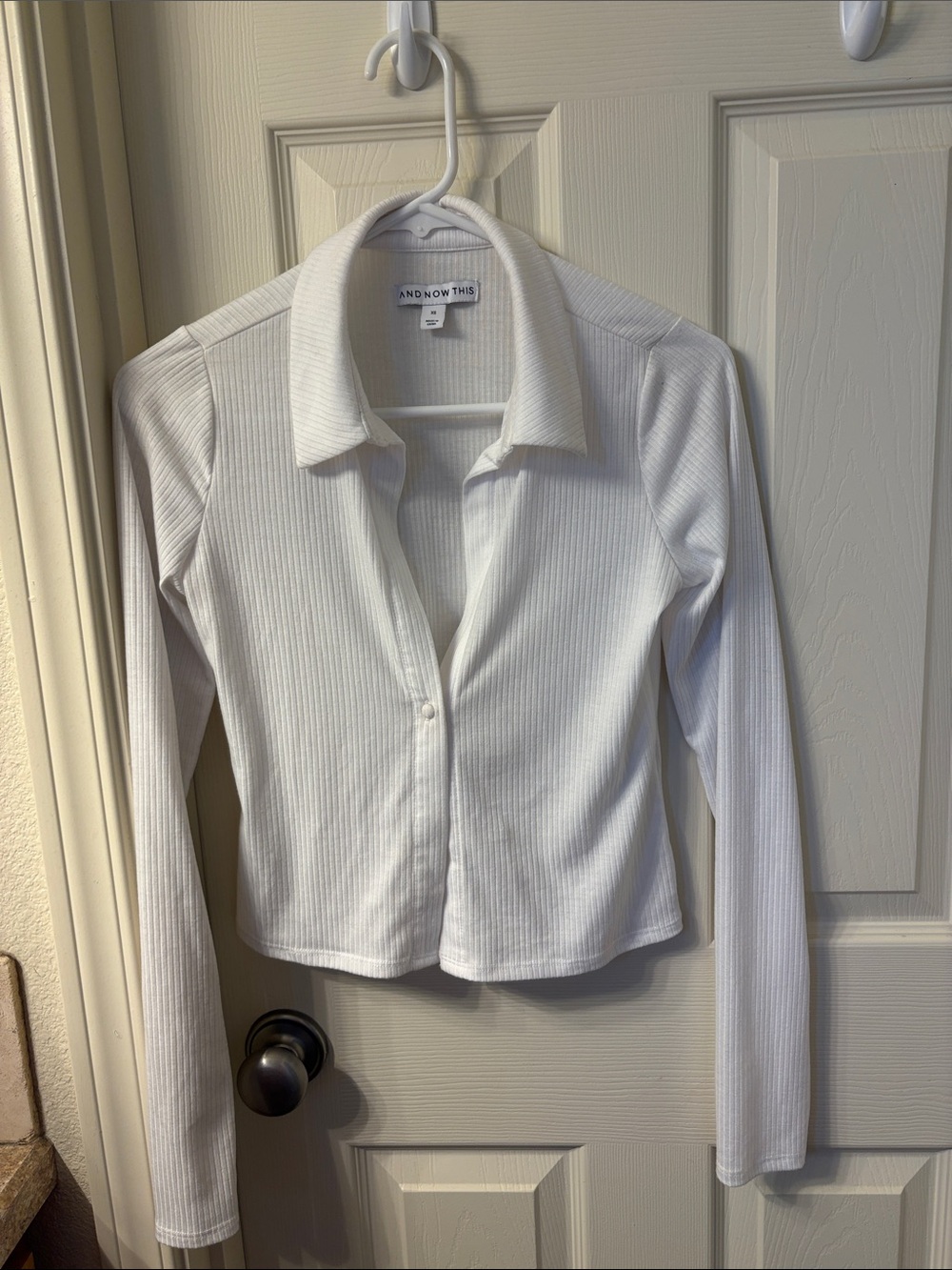 And Now This White Ribbed Button-Front Collared Top